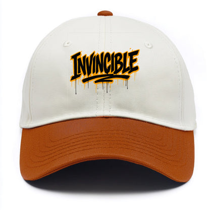 Bold typography design - "INVINCIBLE" - cannot be defeated, unconquerable - Two Tone Cap - Orange