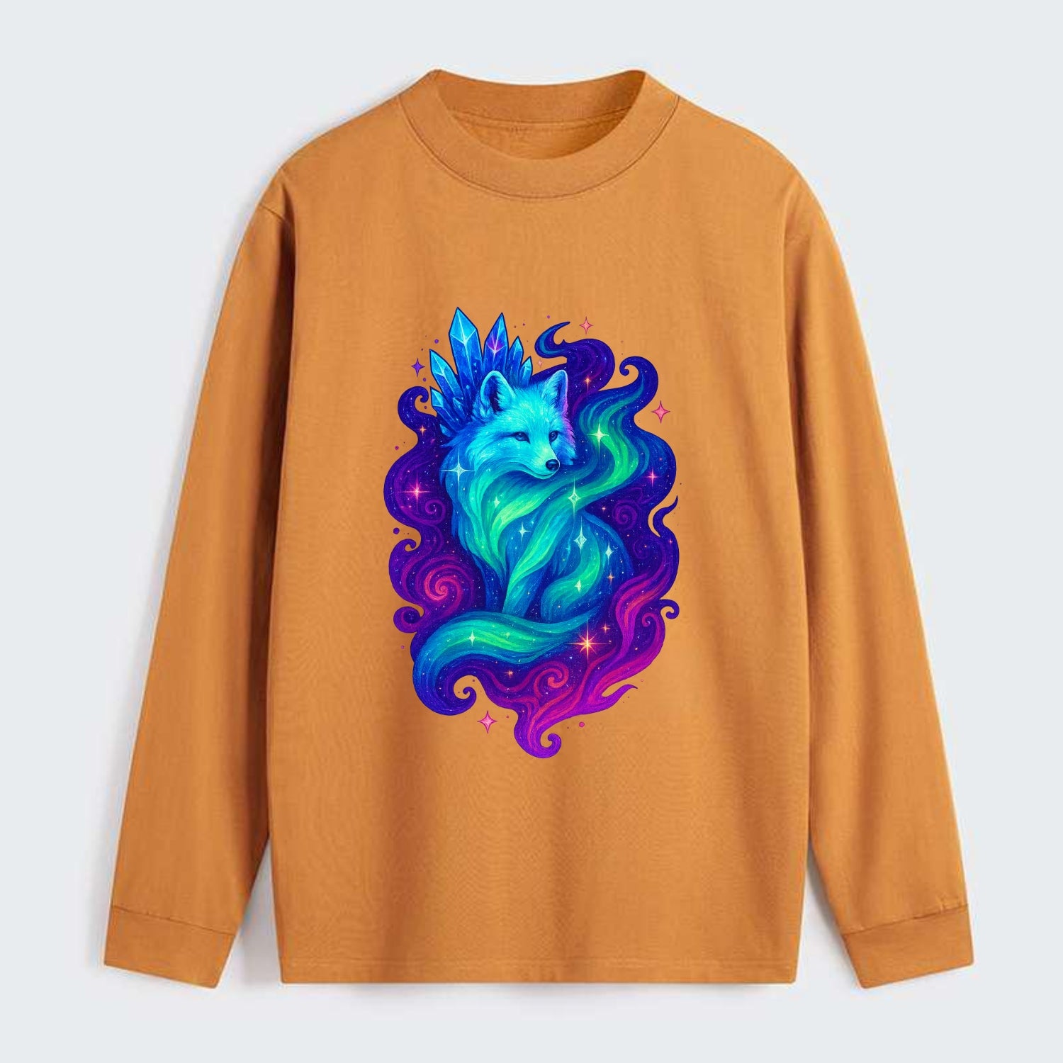Ethereal arctic fox with fur that transforms into crystal formations, - Classic Long Sleeve Shirt - Orange