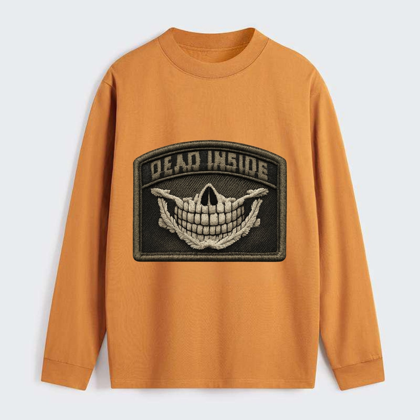 DEAD INSIDE SMILE - skeleton smile in white , dark humor - Classic Long Sleeve Shirt - Orange