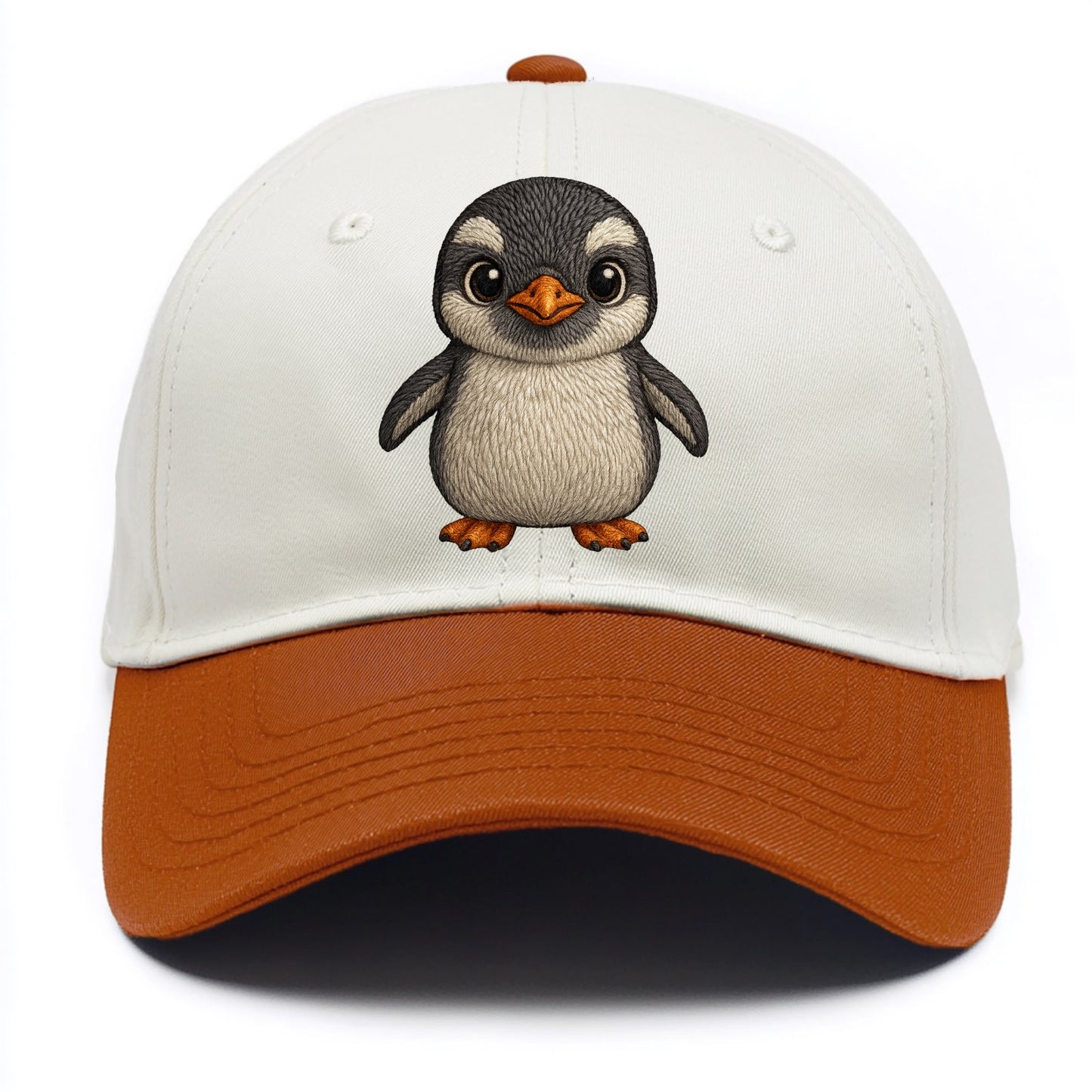 Baby Gentoo Penguin - orange beak, white cap, bright eyes, front-facing, energetic - Two Tone Cap - Orange