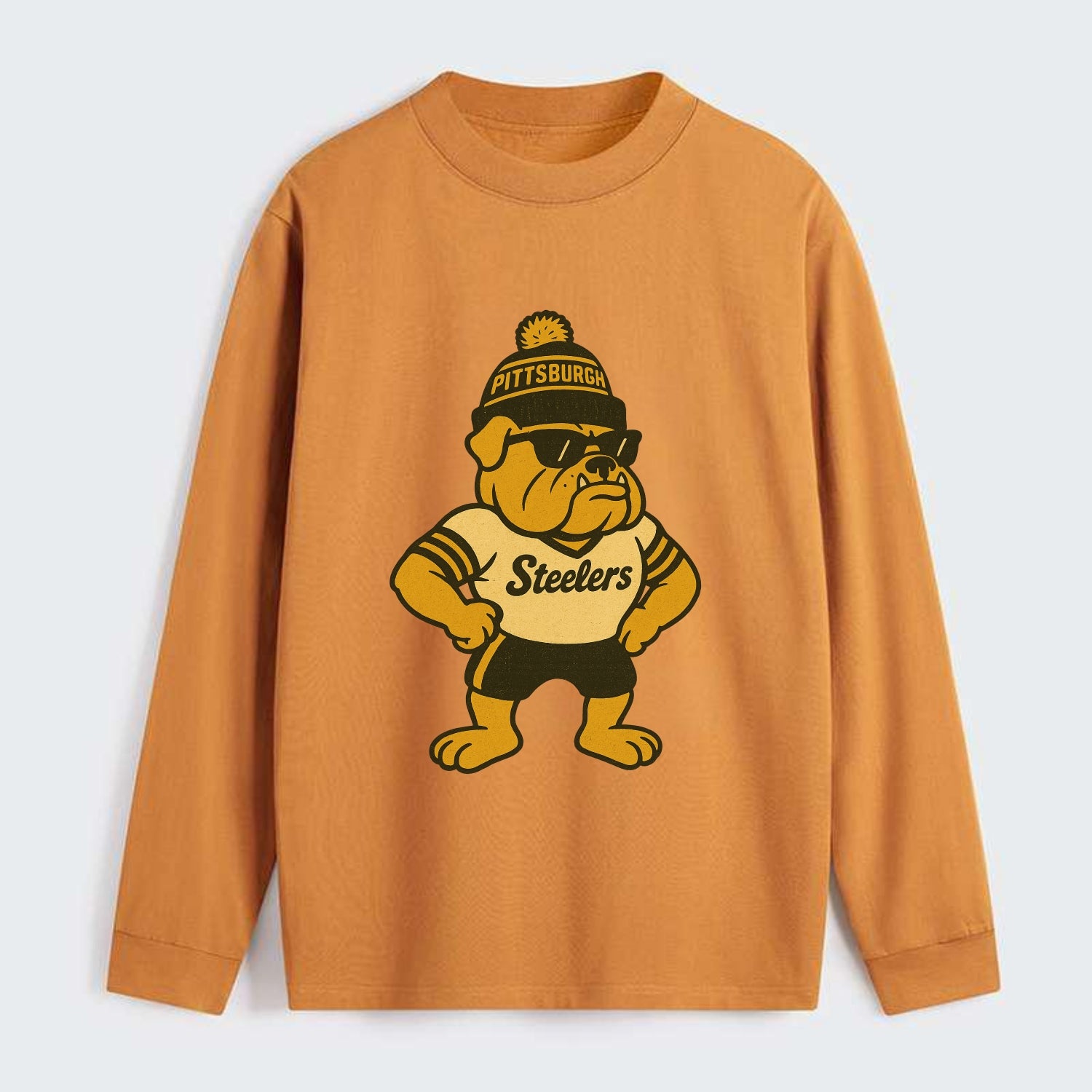 Pittsburgh Bulldog wearing Steelers black and gold beanie with pom pom - Classic Long Sleeve Shirt - Orange