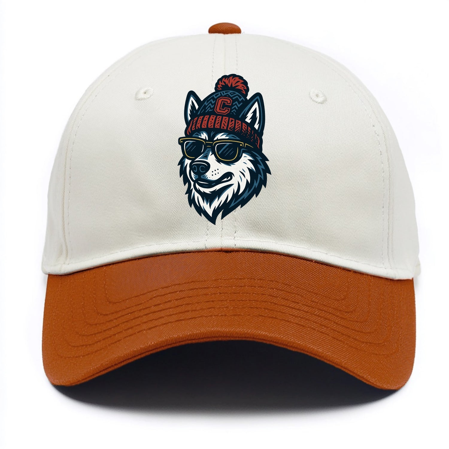 Storrs Husky wearing UConn beanie with C patch - Two Tone Cap - Orange