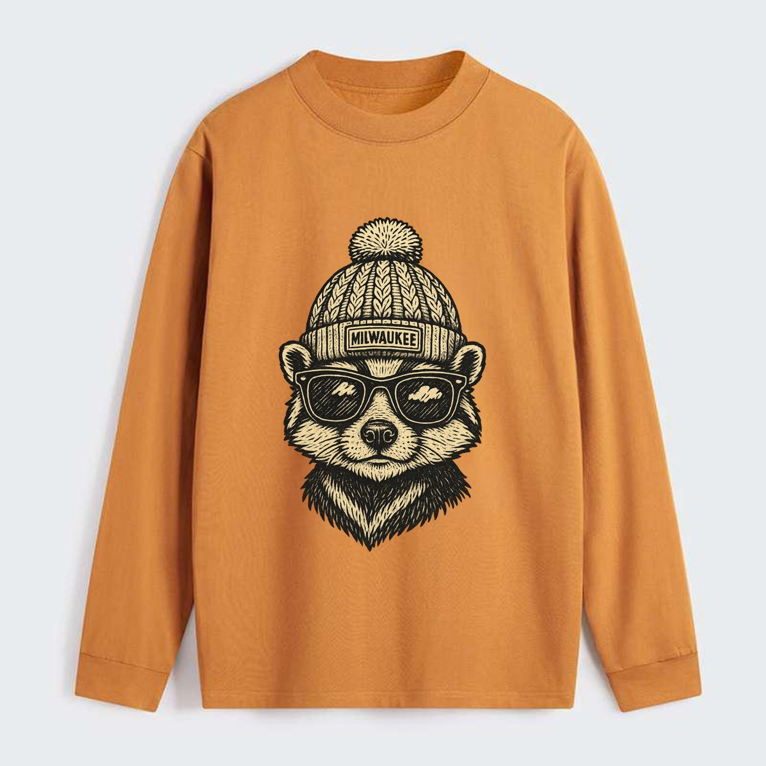 Wisconsin Badger wearing Milwaukee beanie with pom pom and wayfarer - Classic Long Sleeve Shirt - Orange