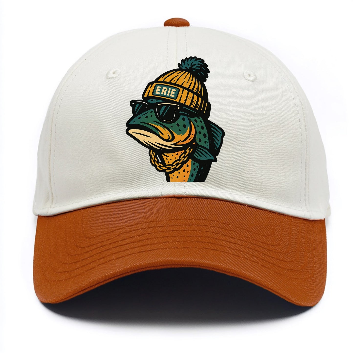 Erie Lake Trout wearing Erie beanie with pom pom and wayfarer sunglasses - Two Tone Cap - Orange