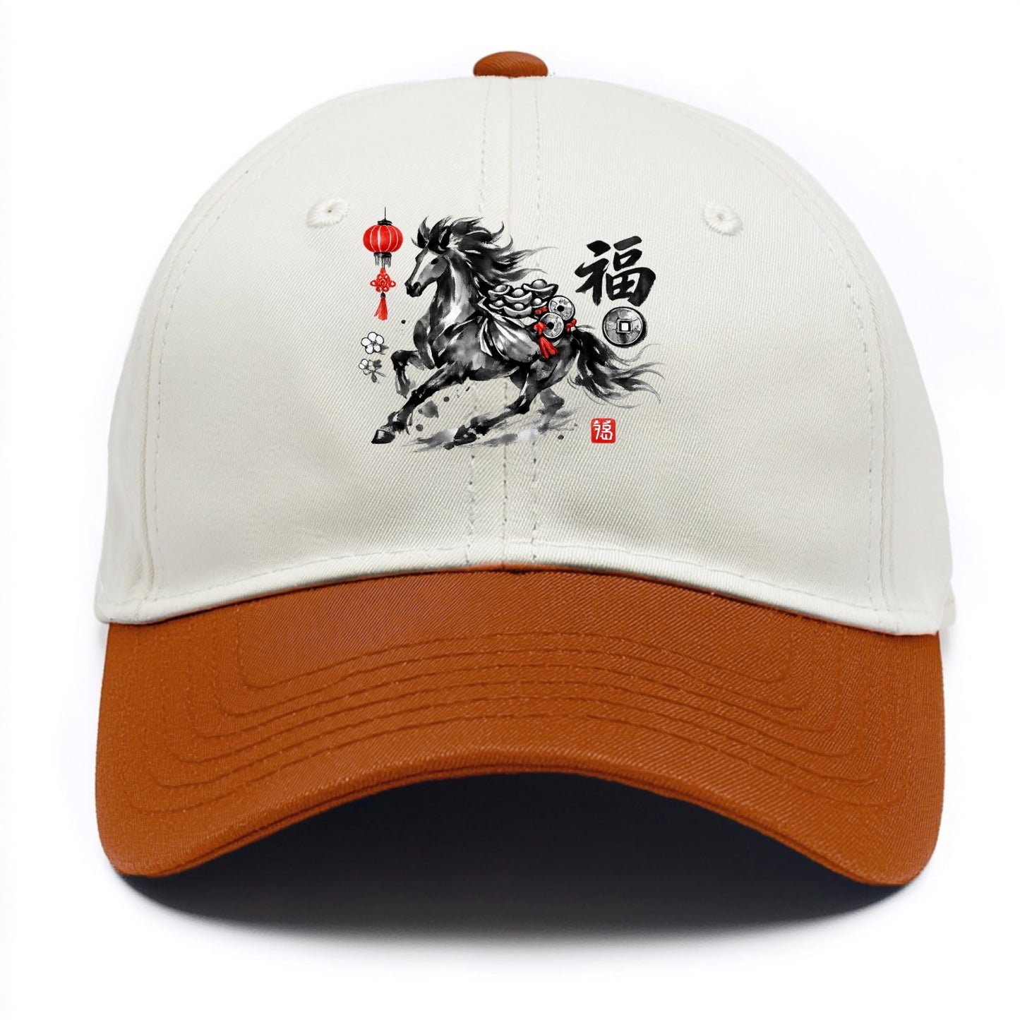 PROSPERITY HORSE | Horse carrying gold ingots and coins | Chinese knot decorations | - Two Tone Cap - Orange