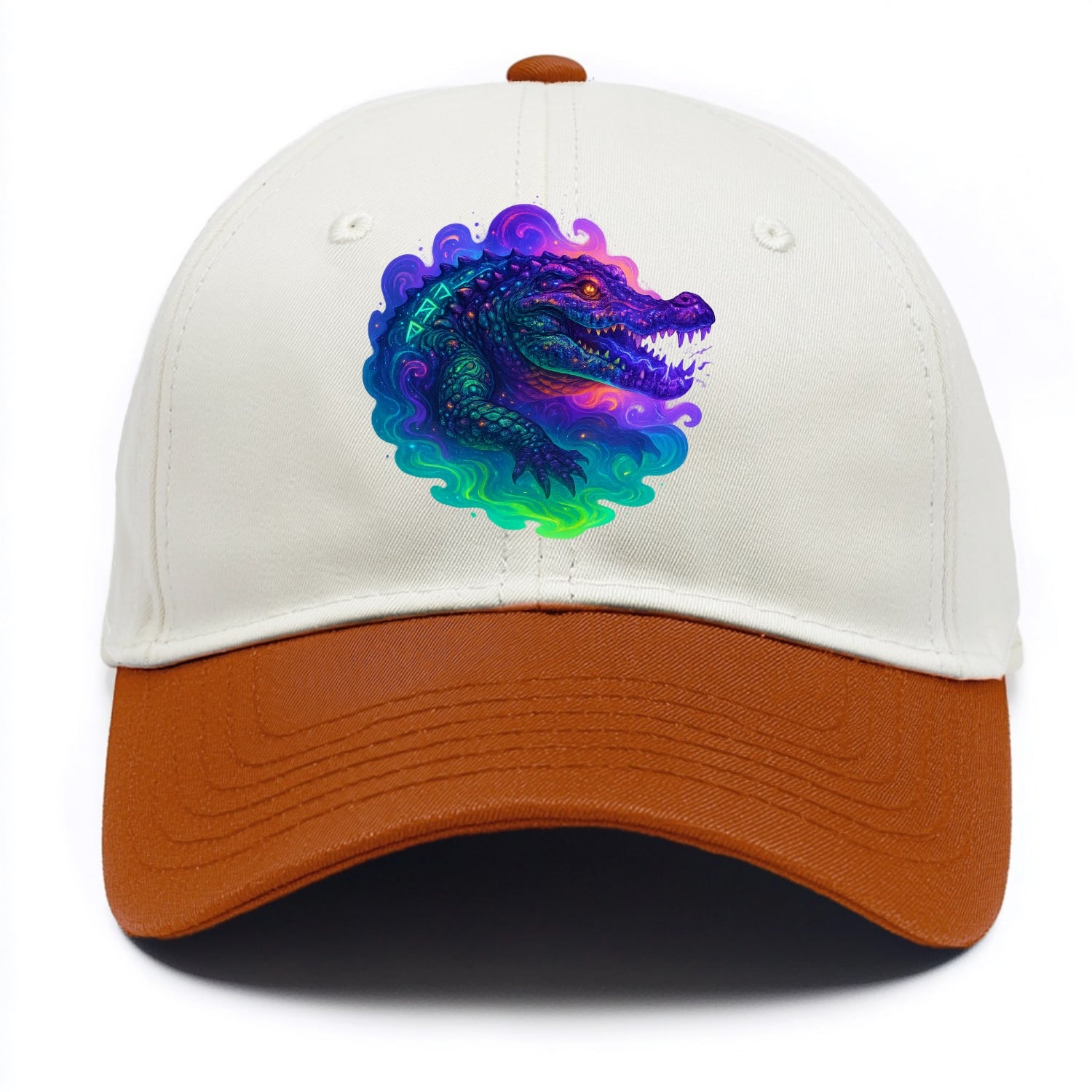 Primordial crocodile with scales pulsing plasma energy in green and purple, ancient - Two Tone Cap - Orange