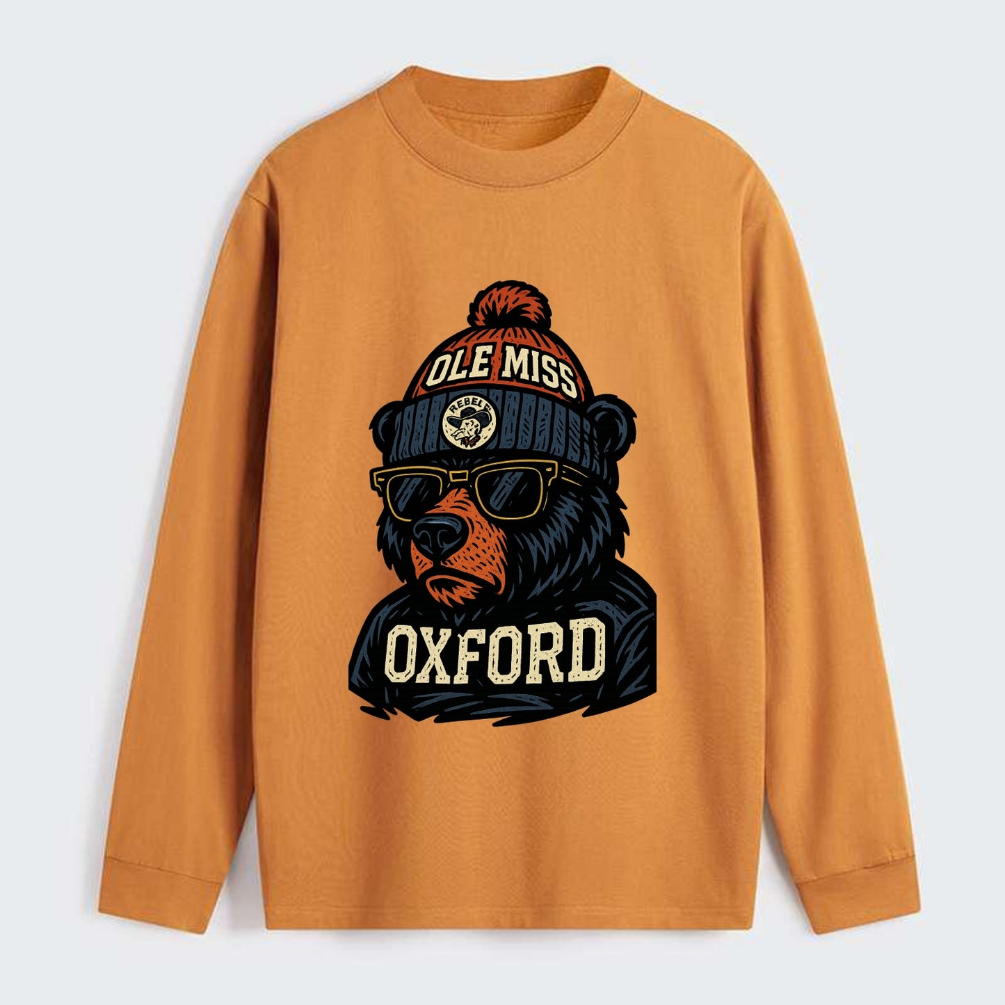 Oxford Black Bear wearing Ole Miss beanie with rebel patch - Classic Long Sleeve Shirt - Orange