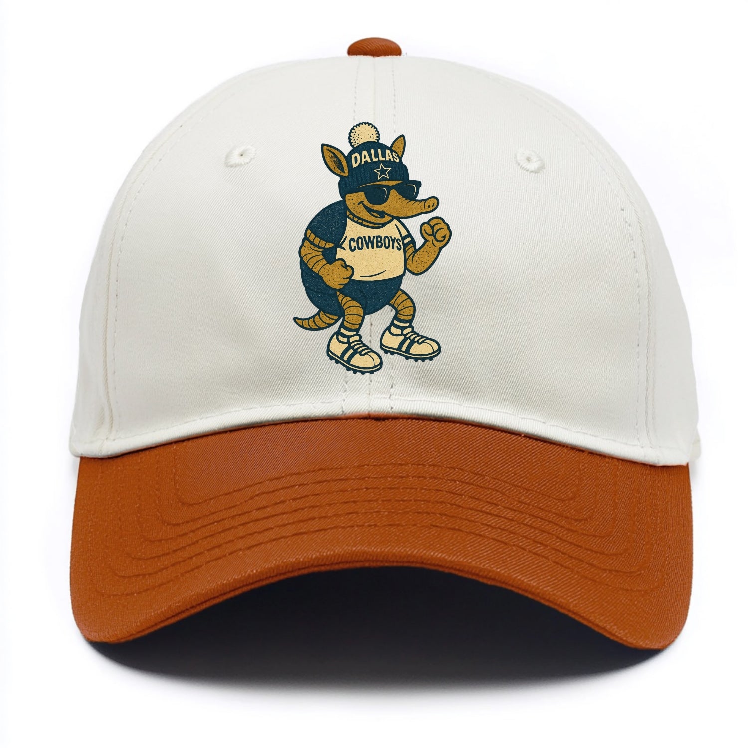 Dallas Armadillo wearing Cowboys beanie with lone star patch and wayfarer sunglasses - Two Tone Cap - Orange