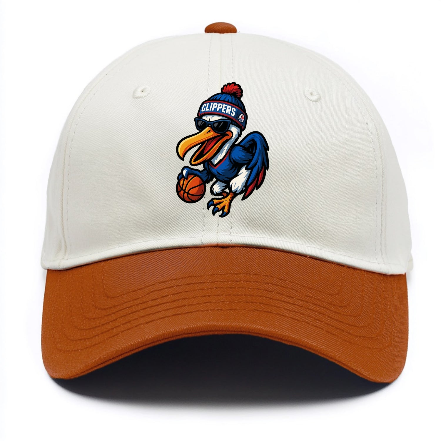 Los Angeles Pelican wearing Clippers beanie with sailboat patch and wayfarer - Two Tone Cap - Orange