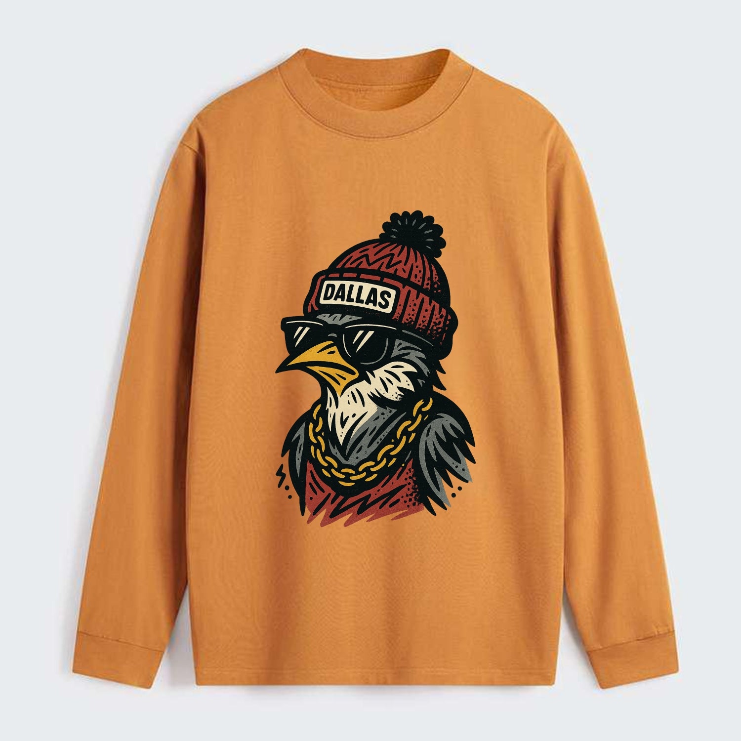 Dallas Mockingbird wearing Dallas beanie with pom pom and wayfarer - Classic Long Sleeve Shirt - Orange