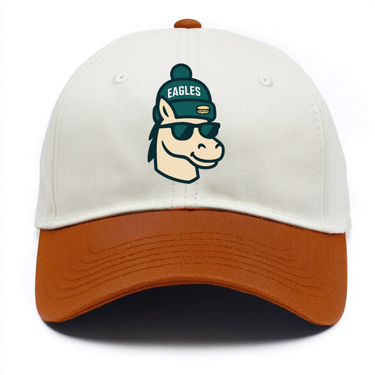 Philadelphia Horse wearing Eagles beanie with cheesesteak patch and wayfarer - Two Tone Cap - Orange