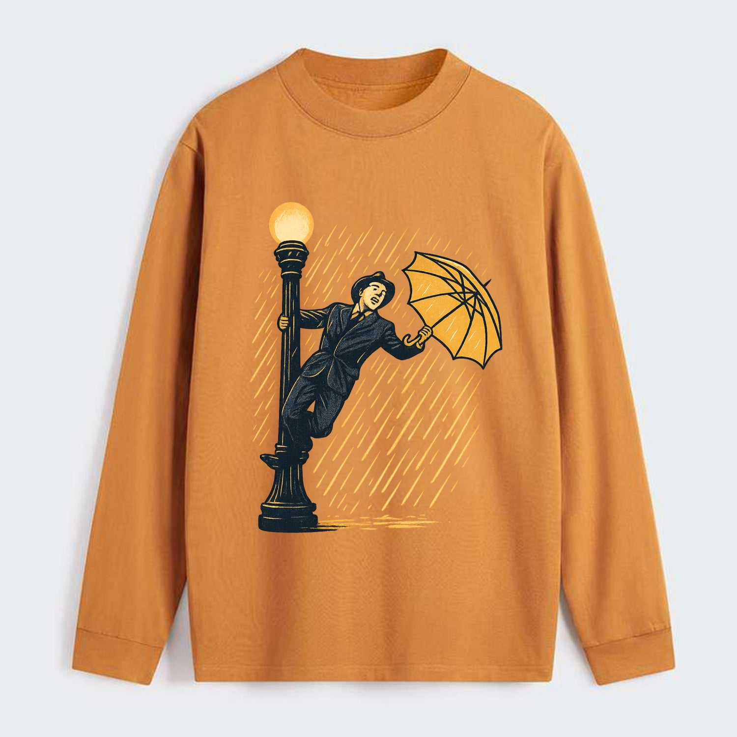 joyful dancing on lamppost in heavy rain with big smile - Classic Long Sleeve Shirt - Orange