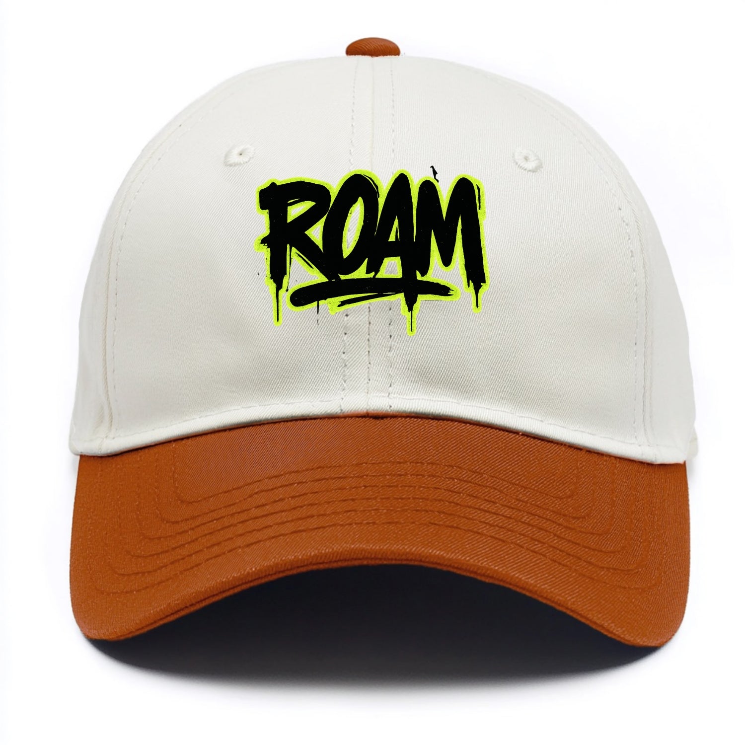 Bold typography design - "ROAM" - wander freely, no destination needed - Two Tone Cap - Orange