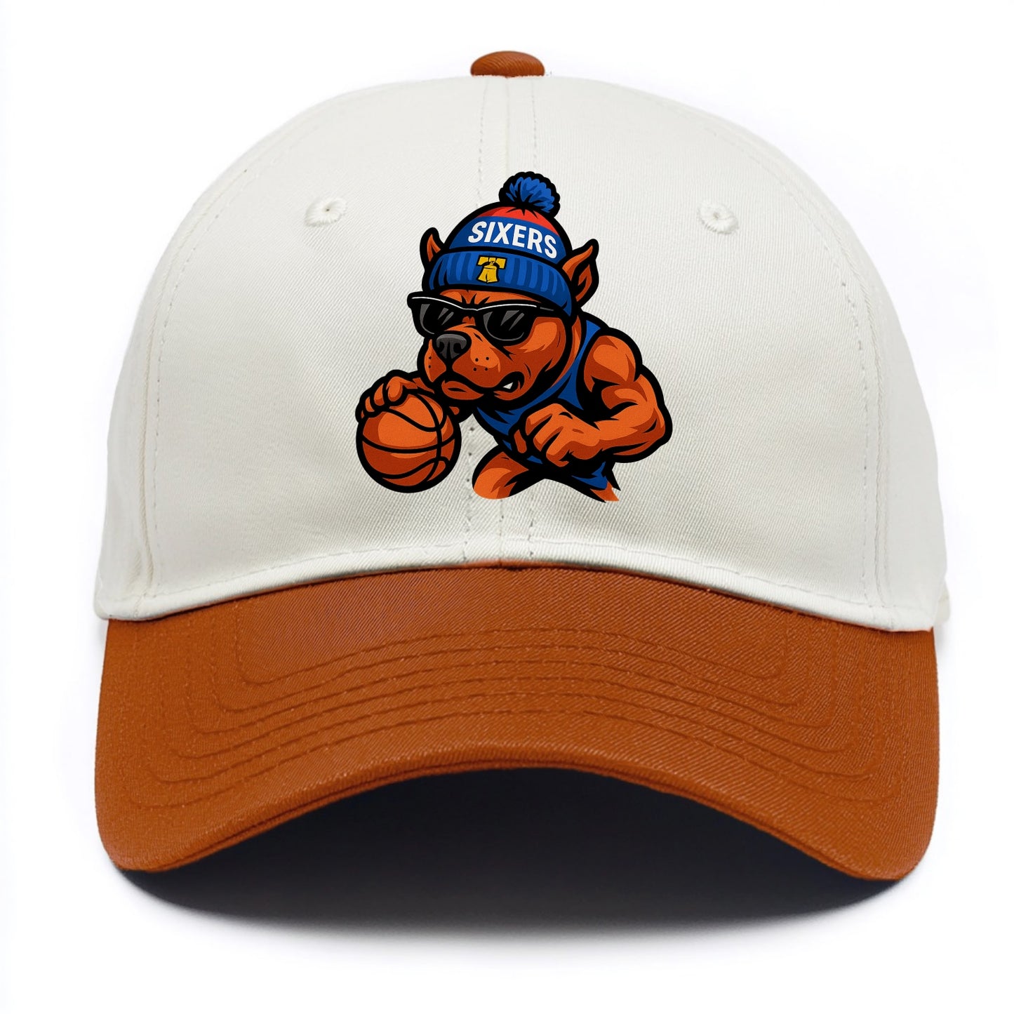Philly Pitbull wearing Sixers beanie with Liberty Bell and wayfarer sunglasses - Two Tone Cap - Orange