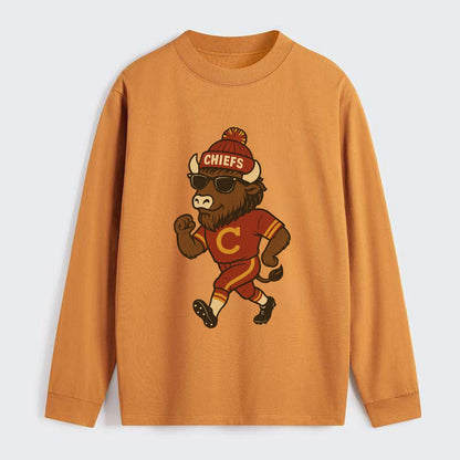 KC Bison wearing Chiefs beanie with arrowhead patch and wayfarer - Classic Long Sleeve Shirt - Orange