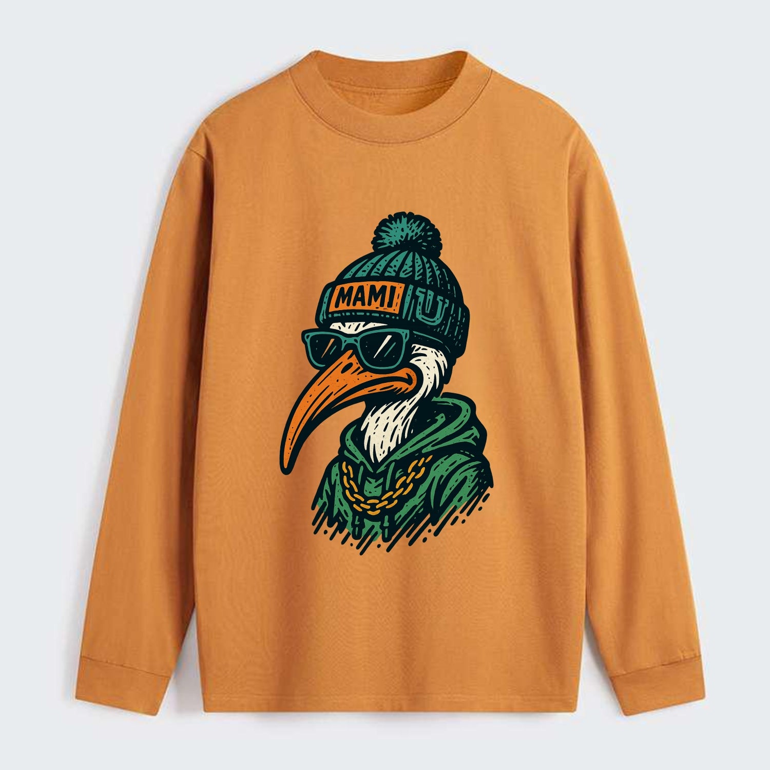 Coral Gables Ibis wearing Miami beanie with U patch - Classic Long Sleeve Shirt - Orange