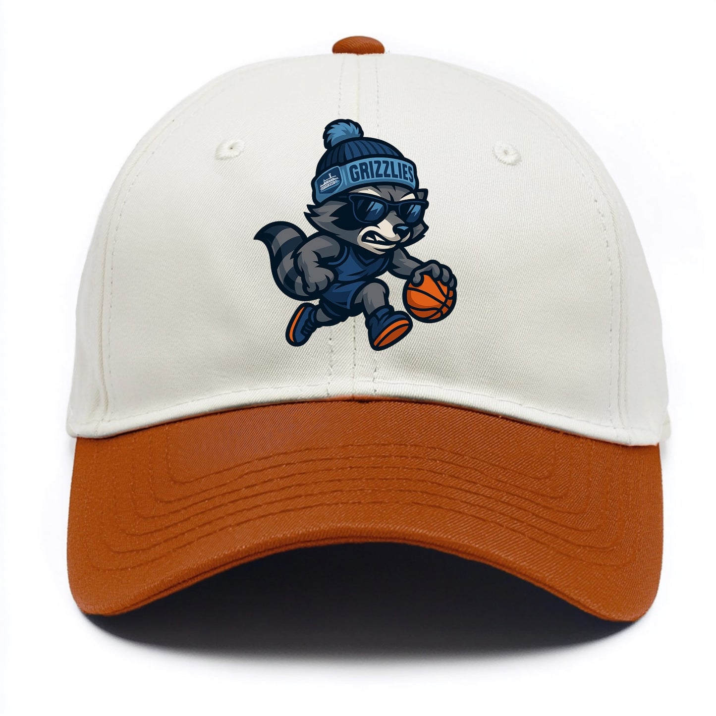 Memphis Raccoon wearing Grizzlies beanie with riverboat patch and wayfarer sunglasses - Two Tone Cap - Orange