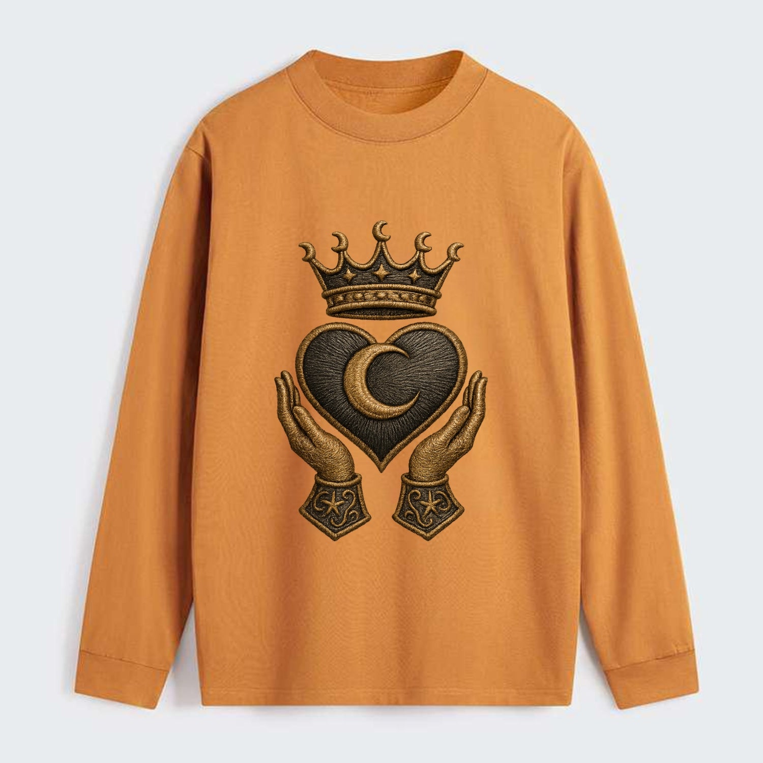 Moonlit crescent crown cradling a hematite heart with stargazer hands - Classic Long Sleeve Shirt - Orange