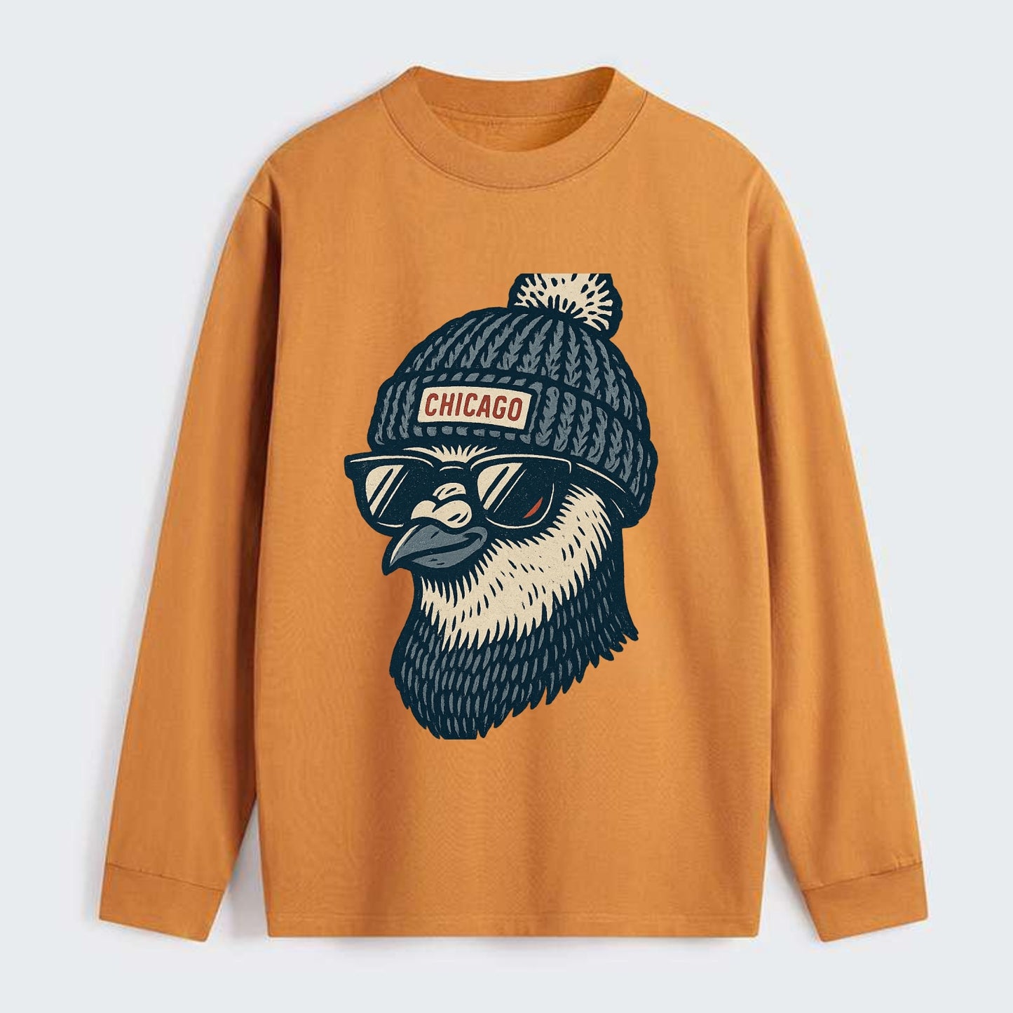 Chicago Pigeon wearing Chicago beanie with pom pom and wayfarer - Classic Long Sleeve Shirt - Orange