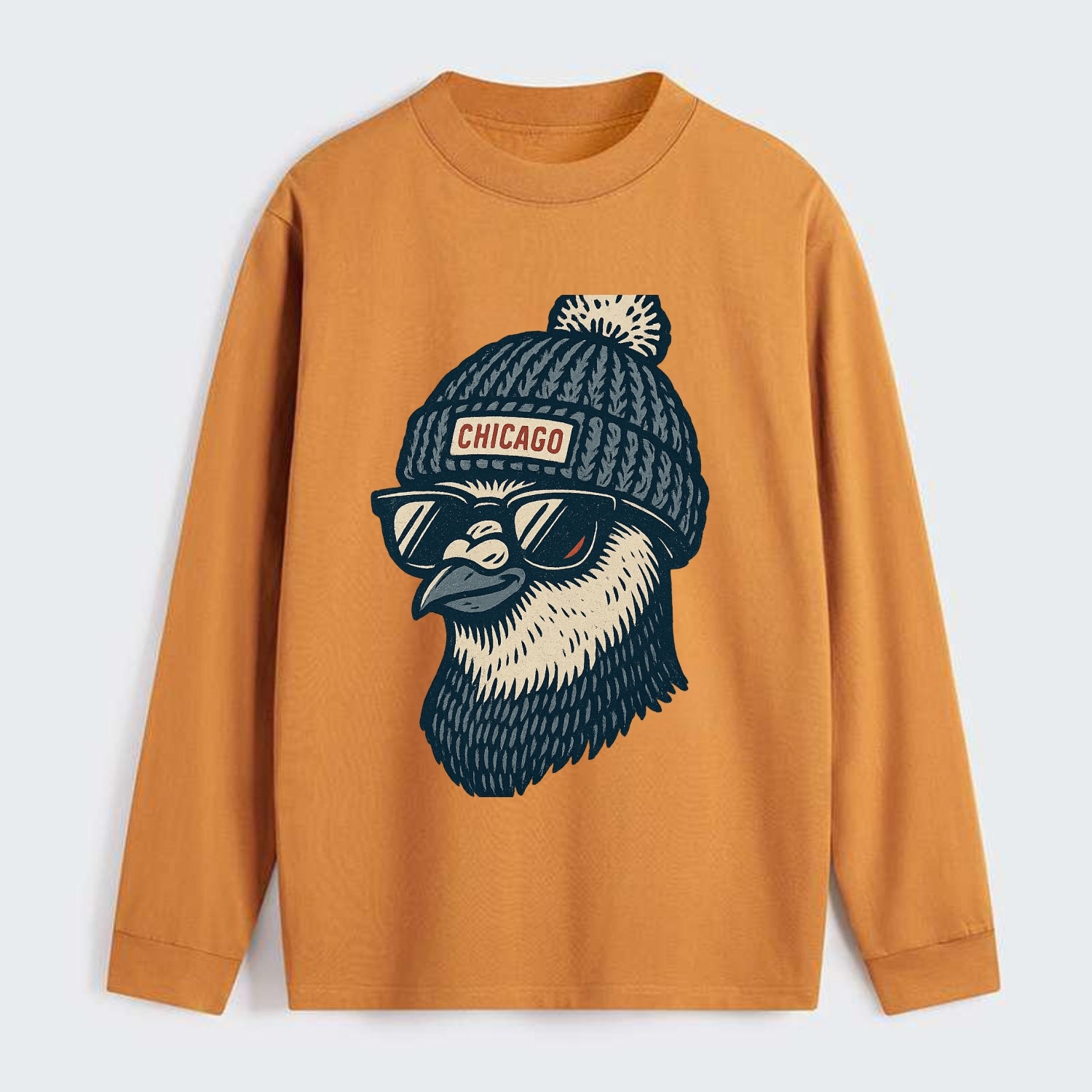 Chicago Pigeon wearing Chicago beanie with pom pom and wayfarer - Classic Long Sleeve Shirt - Orange