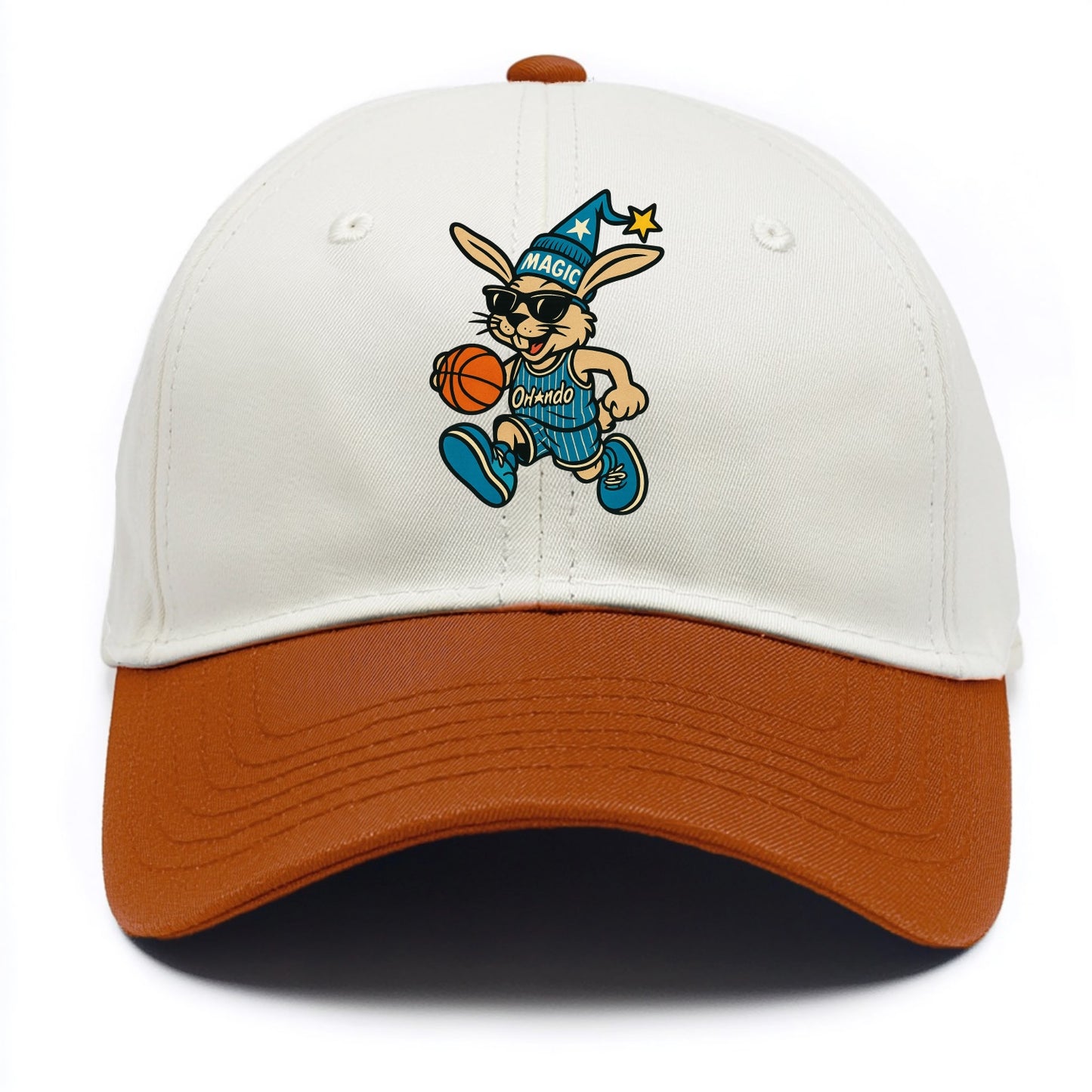 Orlando Rabbit wearing Magic blue and silver beanie with wizard hat and wayfarer - Two Tone Cap - Orange