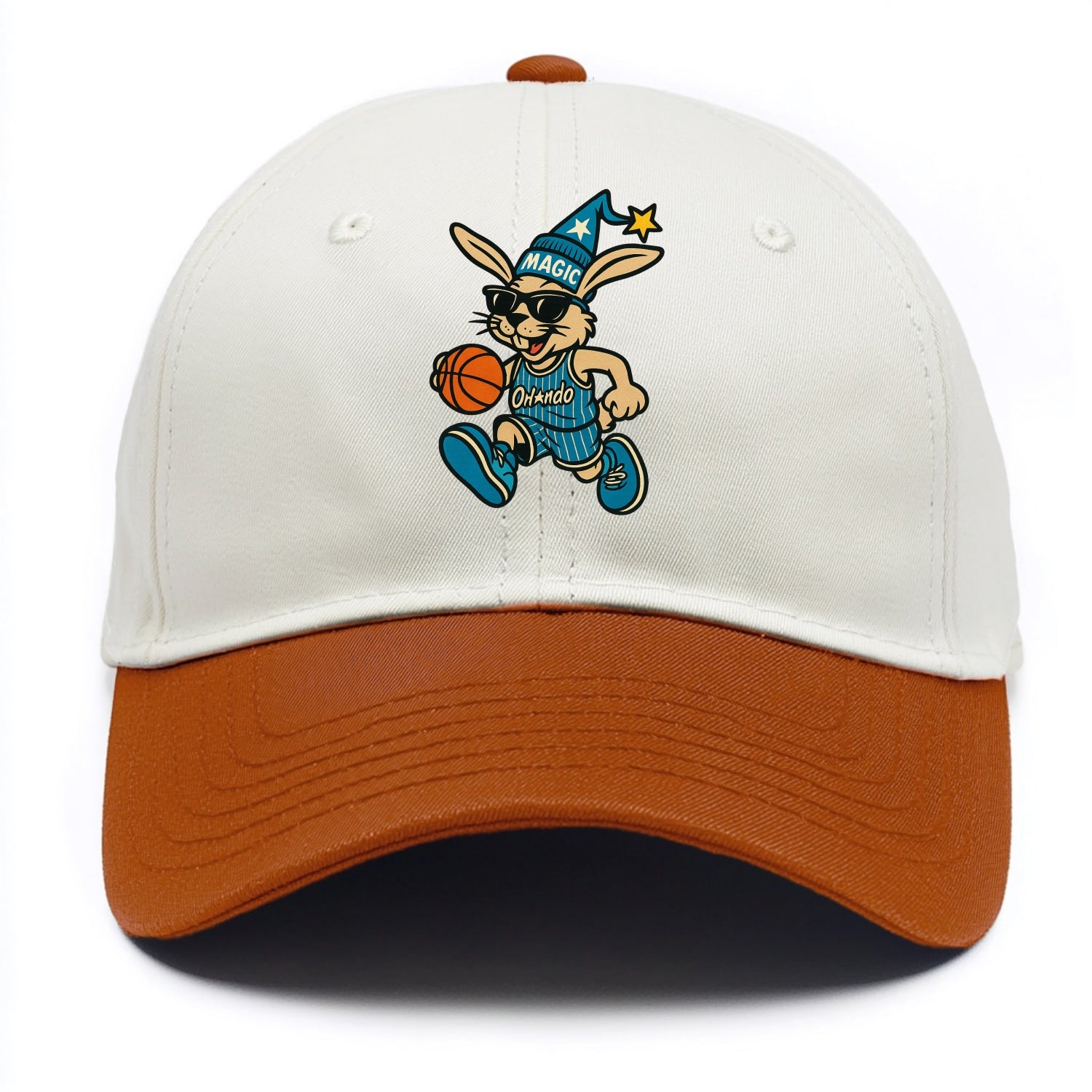 Orlando Rabbit wearing Magic blue and silver beanie with wizard hat and wayfarer - Two Tone Cap - Orange