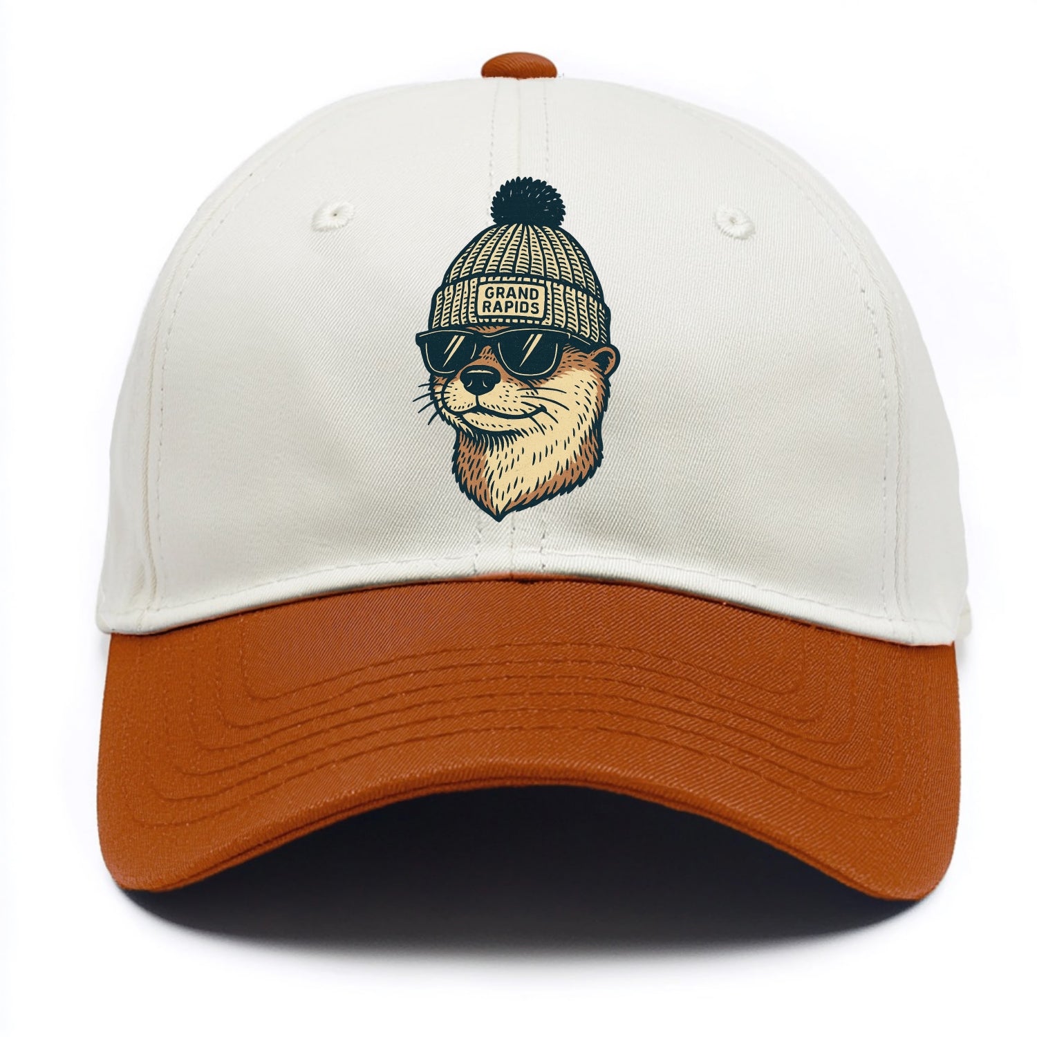 Grand Rapids River Otter wearing Grand Rapids beanie with pom pom and wayfarer - Two Tone Cap - Orange
