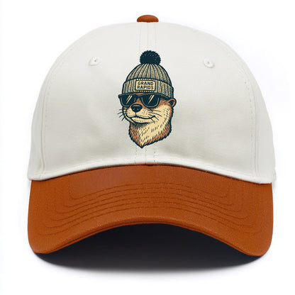 Grand Rapids River Otter wearing Grand Rapids beanie with pom pom and wayfarer - Two Tone Cap - Orange