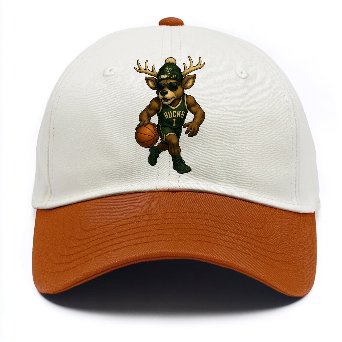 Milwaukee Buck Deer wearing Bucks green and cream beanie with antlers and wayfarer - Two Tone Cap - Orange