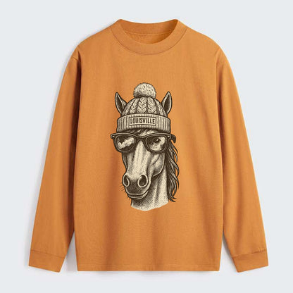 Kentucky Thoroughbred Horse wearing Louisville beanie with pom pom and - Classic Long Sleeve Shirt - Orange