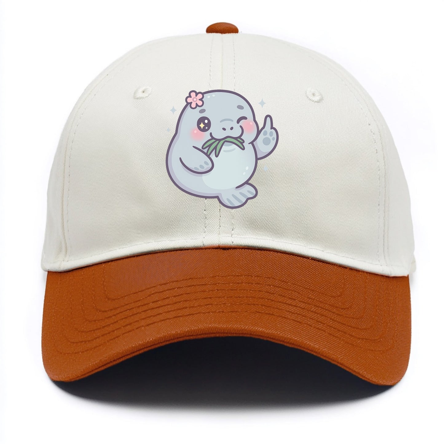 chubby manatee munching on seagrass, one flipper raised with sass - Two Tone Cap - Orange