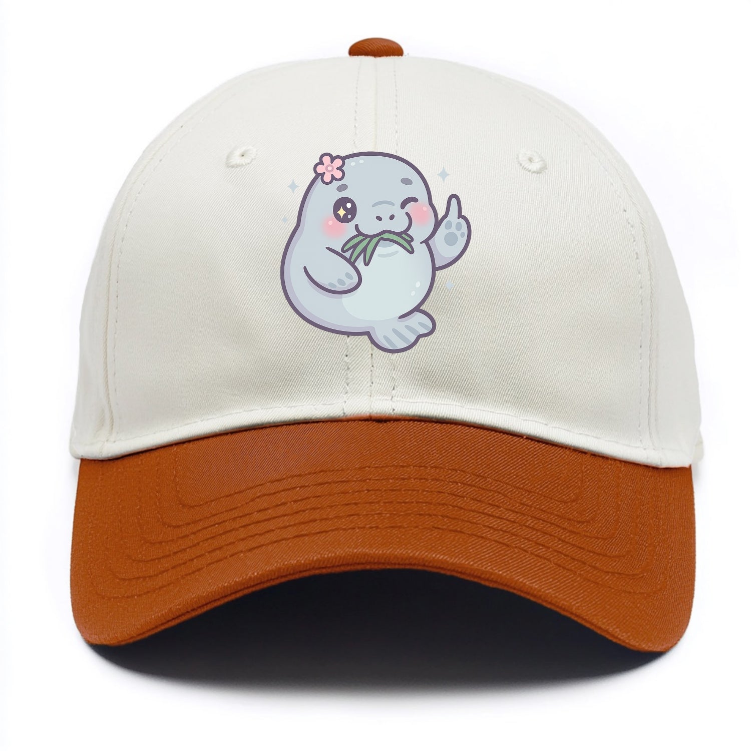 chubby manatee munching on seagrass, one flipper raised with sass - Two Tone Cap - Orange