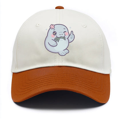 chubby manatee munching on seagrass, one flipper raised with sass - Two Tone Cap - Orange