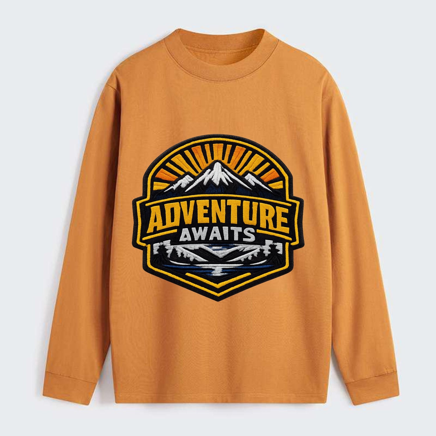 ADVENTURE AWAITS - mountain sunrise with text in gold and blue , - Classic Long Sleeve Shirt - Orange