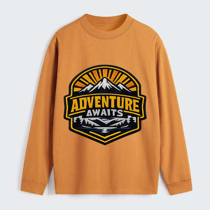ADVENTURE AWAITS - mountain sunrise with text in gold and blue , - Classic Long Sleeve Shirt - Orange