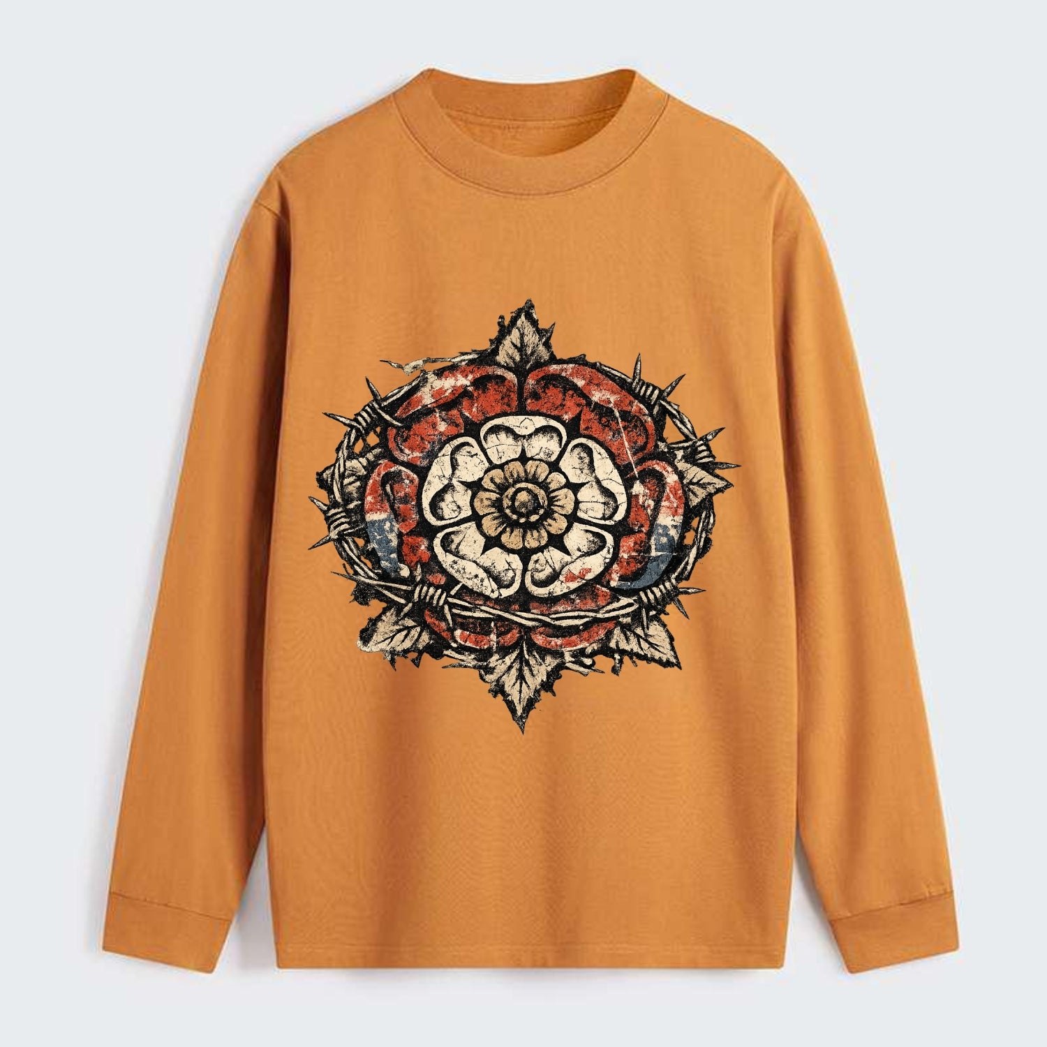 THORNED ROSE | Tudor rose with thorns | Barbed wire integration | - Classic Long Sleeve Shirt - Orange