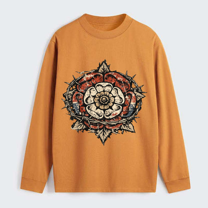 THORNED ROSE | Tudor rose with thorns | Barbed wire integration | - Classic Long Sleeve Shirt - Orange