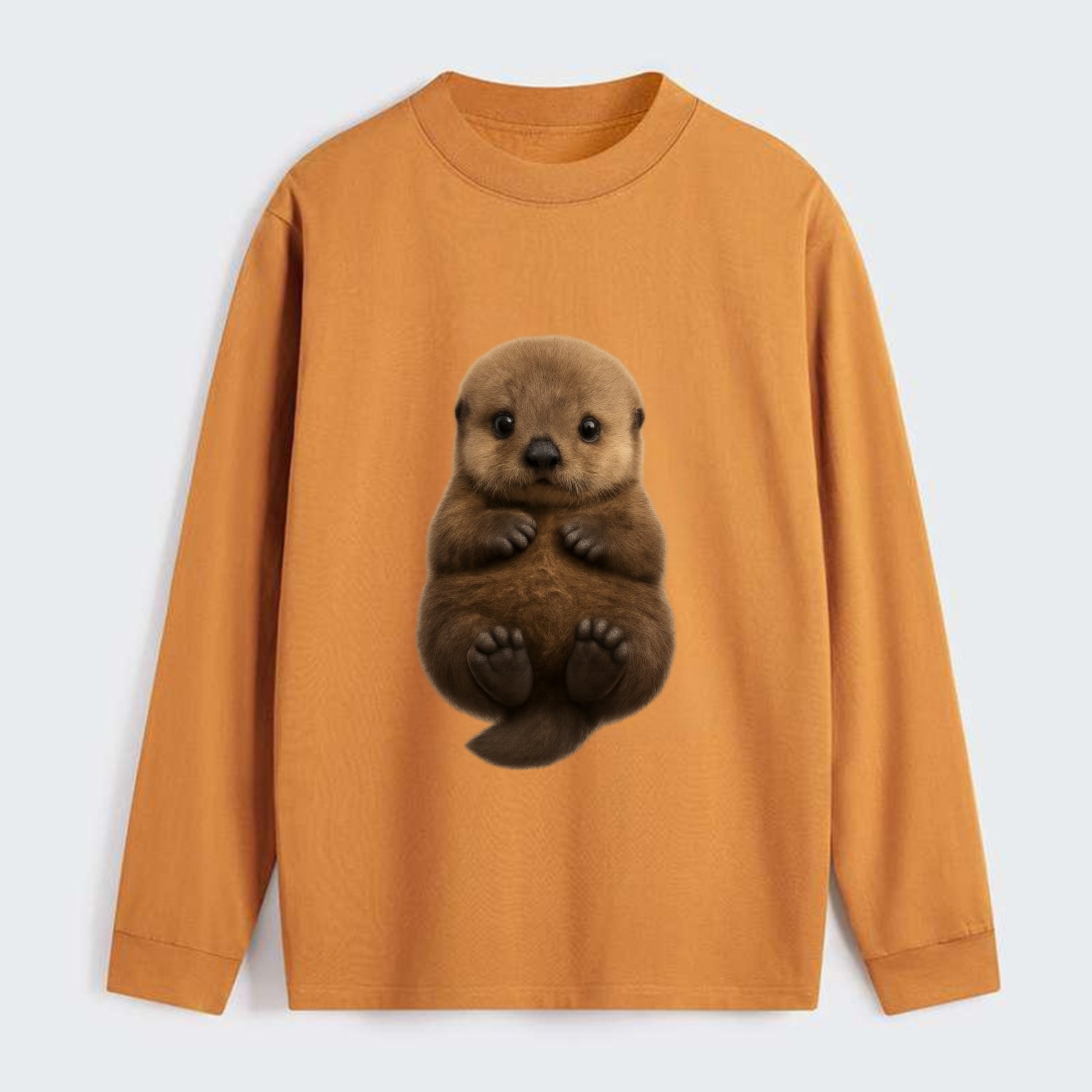Baby Sea Otter - brown fluffy, floating on back, tiny paws, bright - Classic Long Sleeve Shirt - Orange