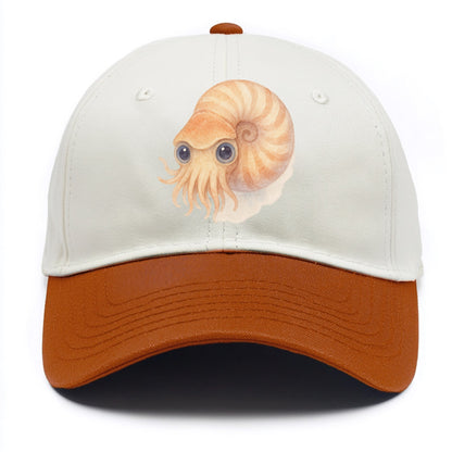 Baby Nautilus - spiral shell, tentacles peeking, ancient eyes, front-facing, living - Two Tone Cap - Orange