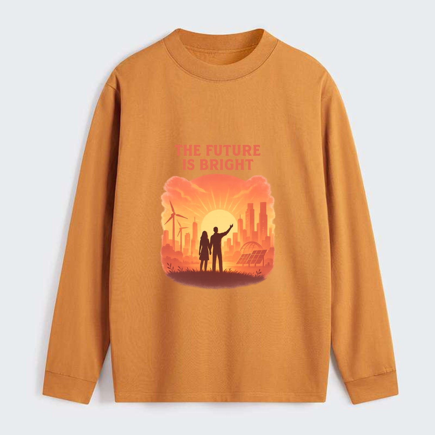 Sunrise over thriving sustainable city - "The Future is Bright" - - Classic Long Sleeve Shirt - Orange