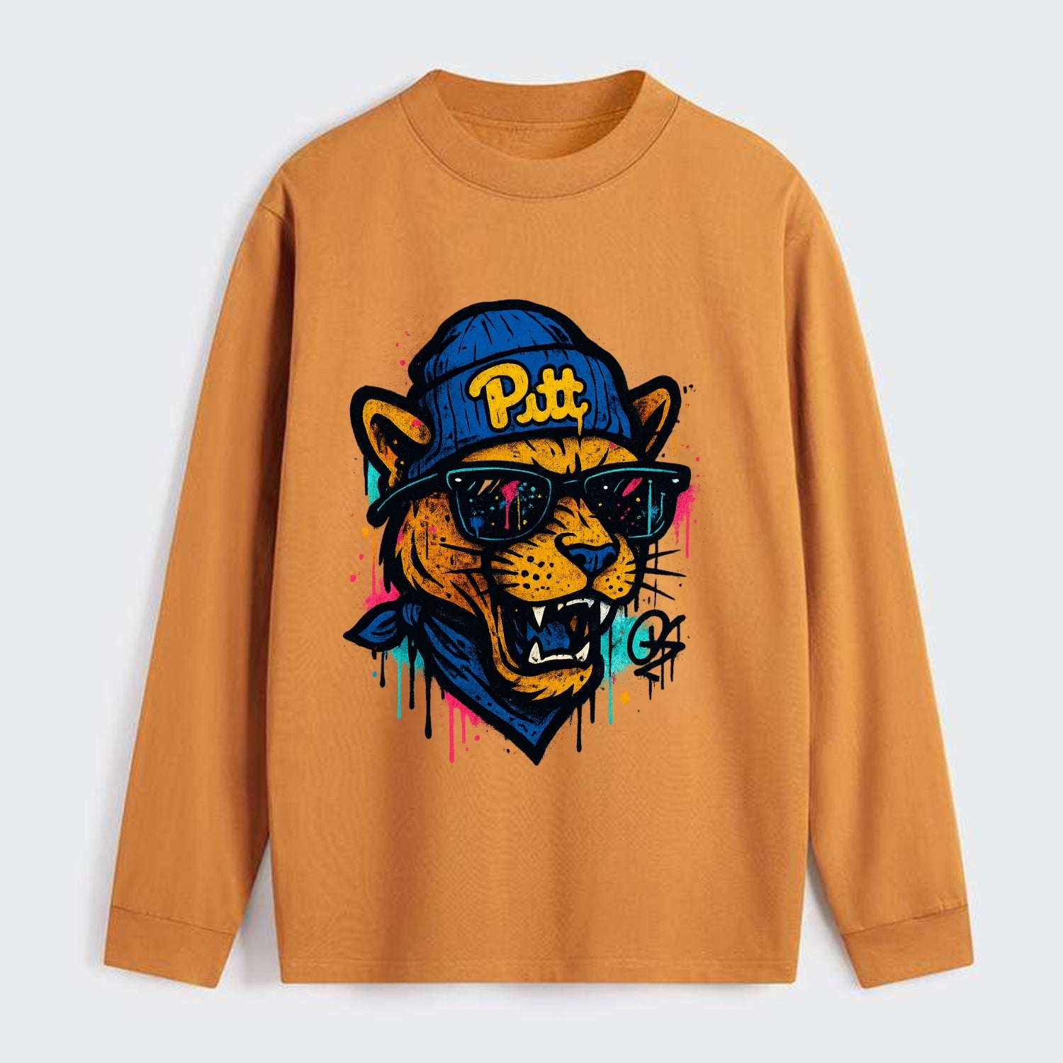 Pittsburgh Panther wearing Pitt beanie with script patch - Classic Long Sleeve Shirt - Orange