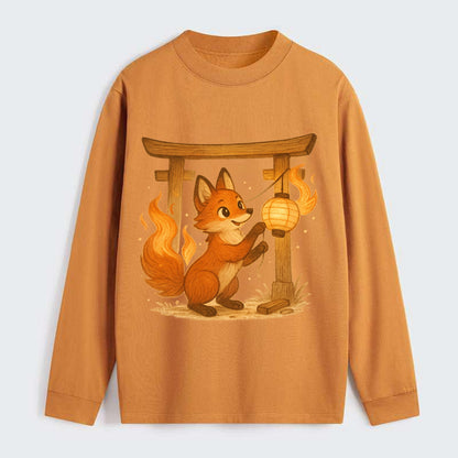 Foxfire kitsune stringing lanterns along a torii gate with tails of - Classic Long Sleeve Shirt - Orange