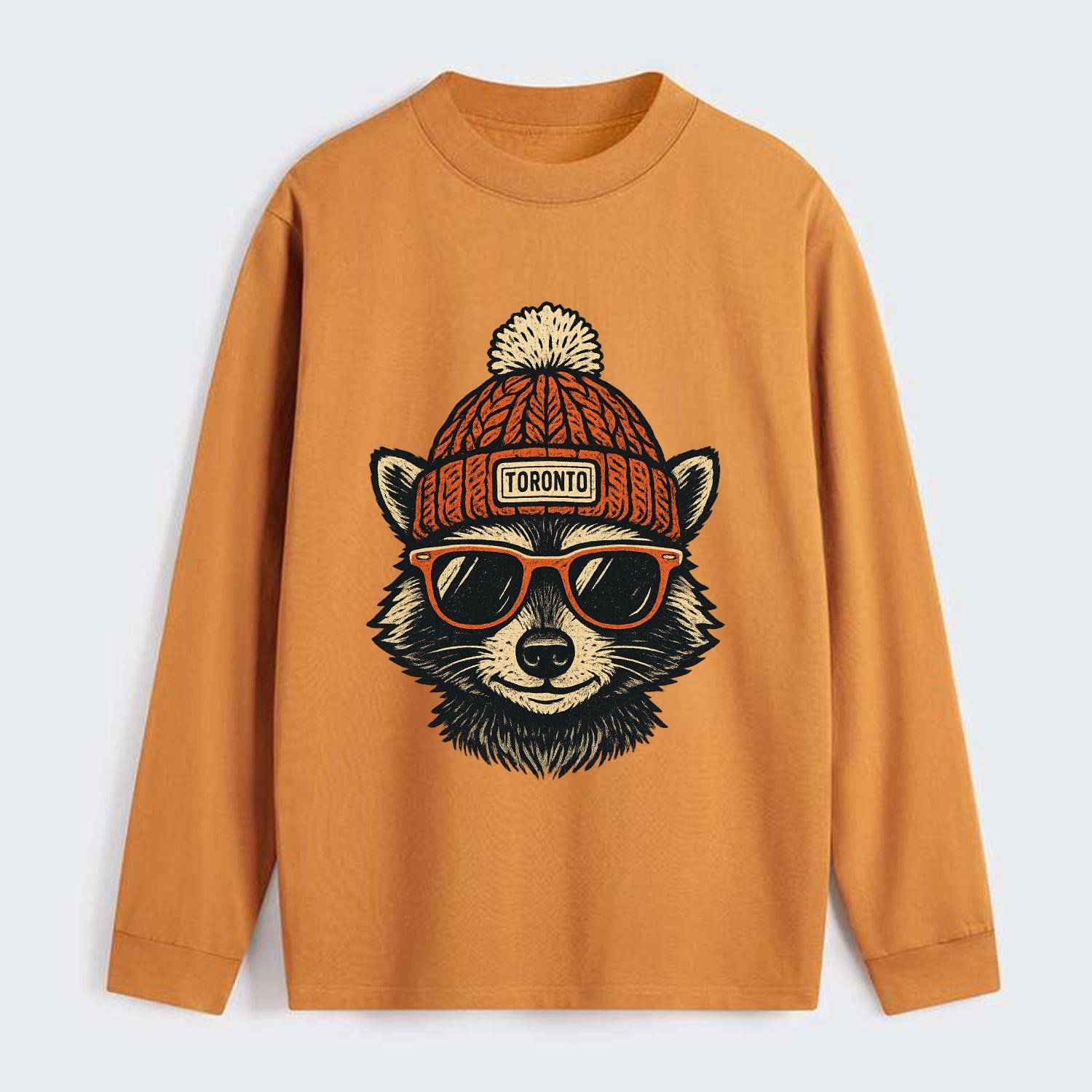 Toronto Raccoon wearing Toronto beanie with pom pom and wayfarer - Classic Long Sleeve Shirt - Orange