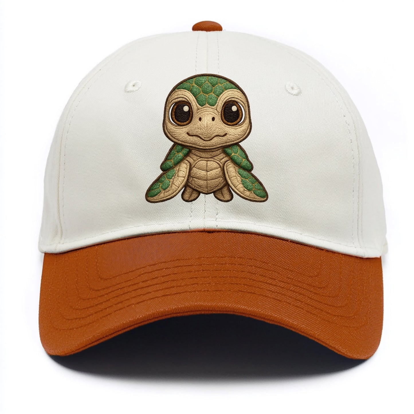 Baby Green Sea Turtle - emerald shell, large innocent brown eyes, tiny flippers, - Two Tone Cap - Orange