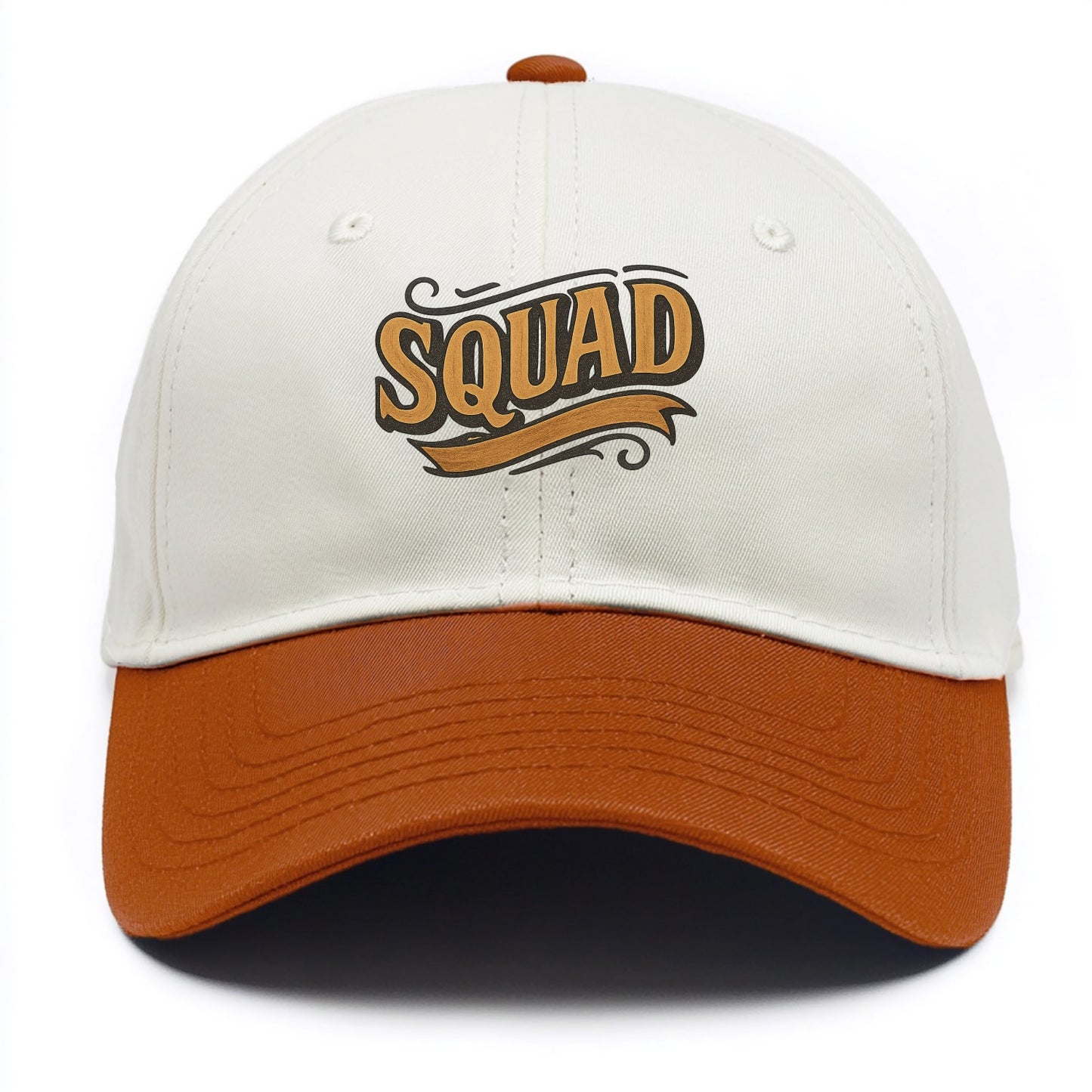 Bold typography design - "SQUAD" - your crew, your people - Two Tone Cap - Orange