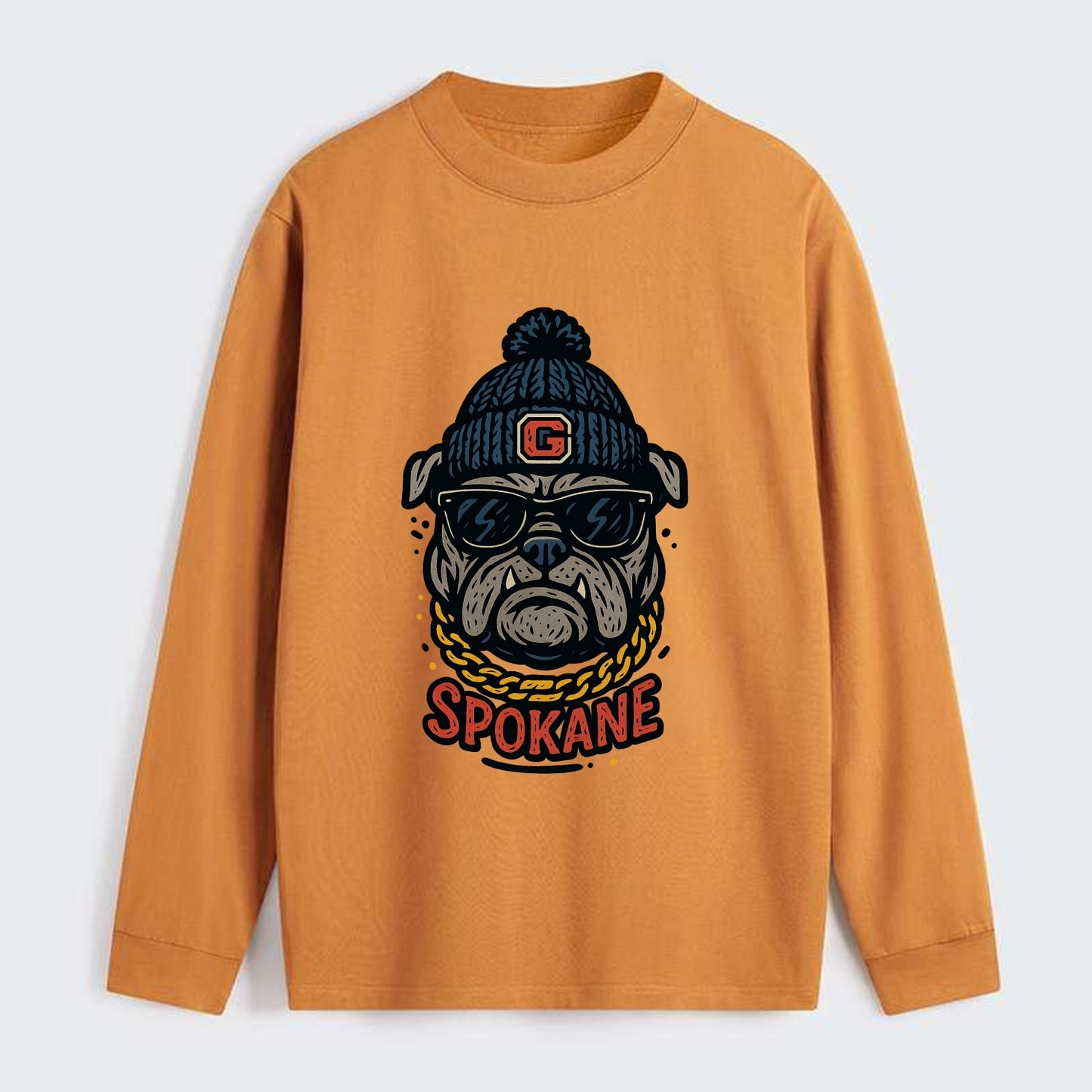 Spokane Bulldog wearing Gonzaga beanie with G patch - Classic Long Sleeve Shirt - Orange