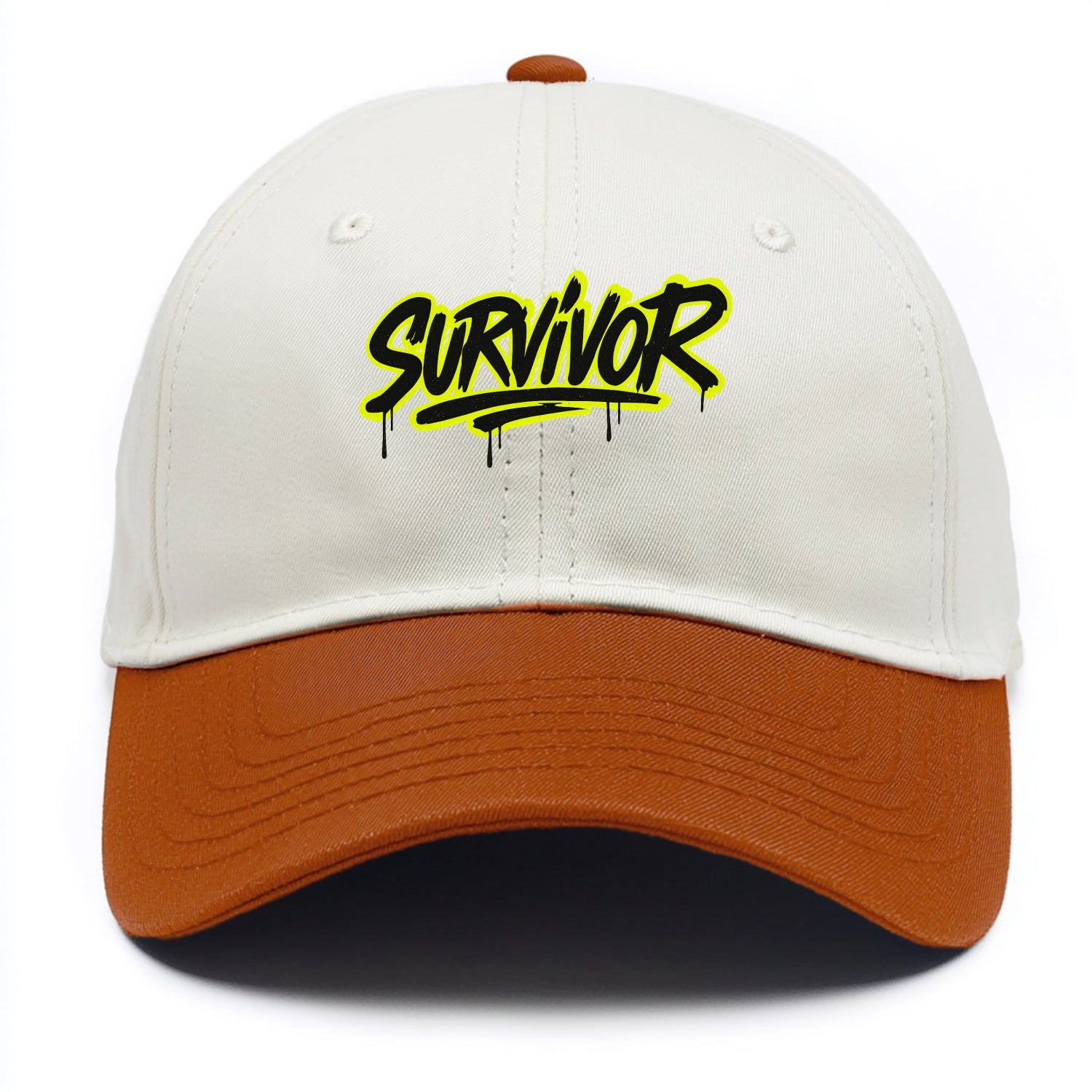 Bold typography design - "SURVIVOR" - overcomer, still standing, made it through - Two Tone Cap - Orange
