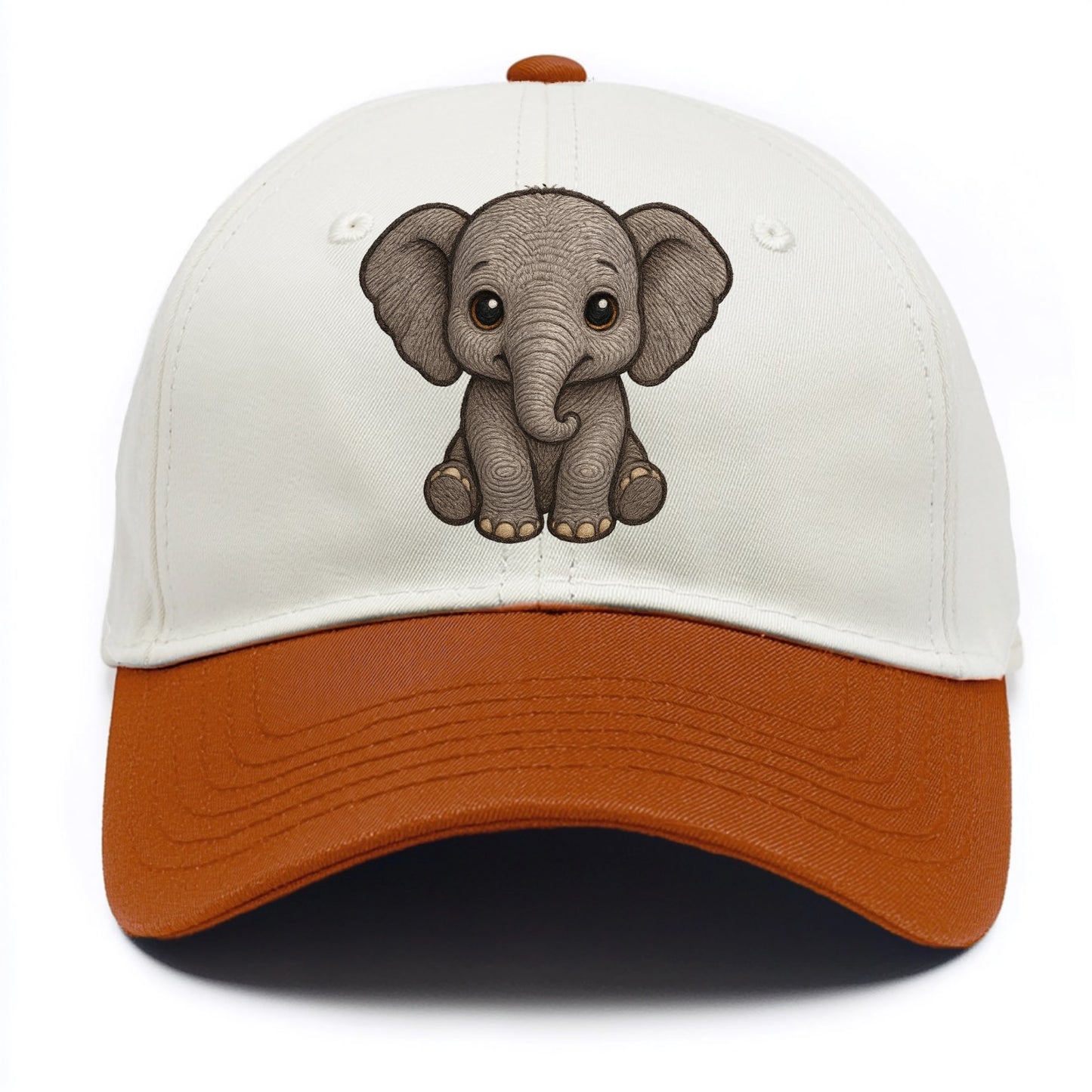 Baby Elephant - gray wrinkly, tiny trunk, large floppy ears, kind dark eyes, - Two Tone Cap - Orange
