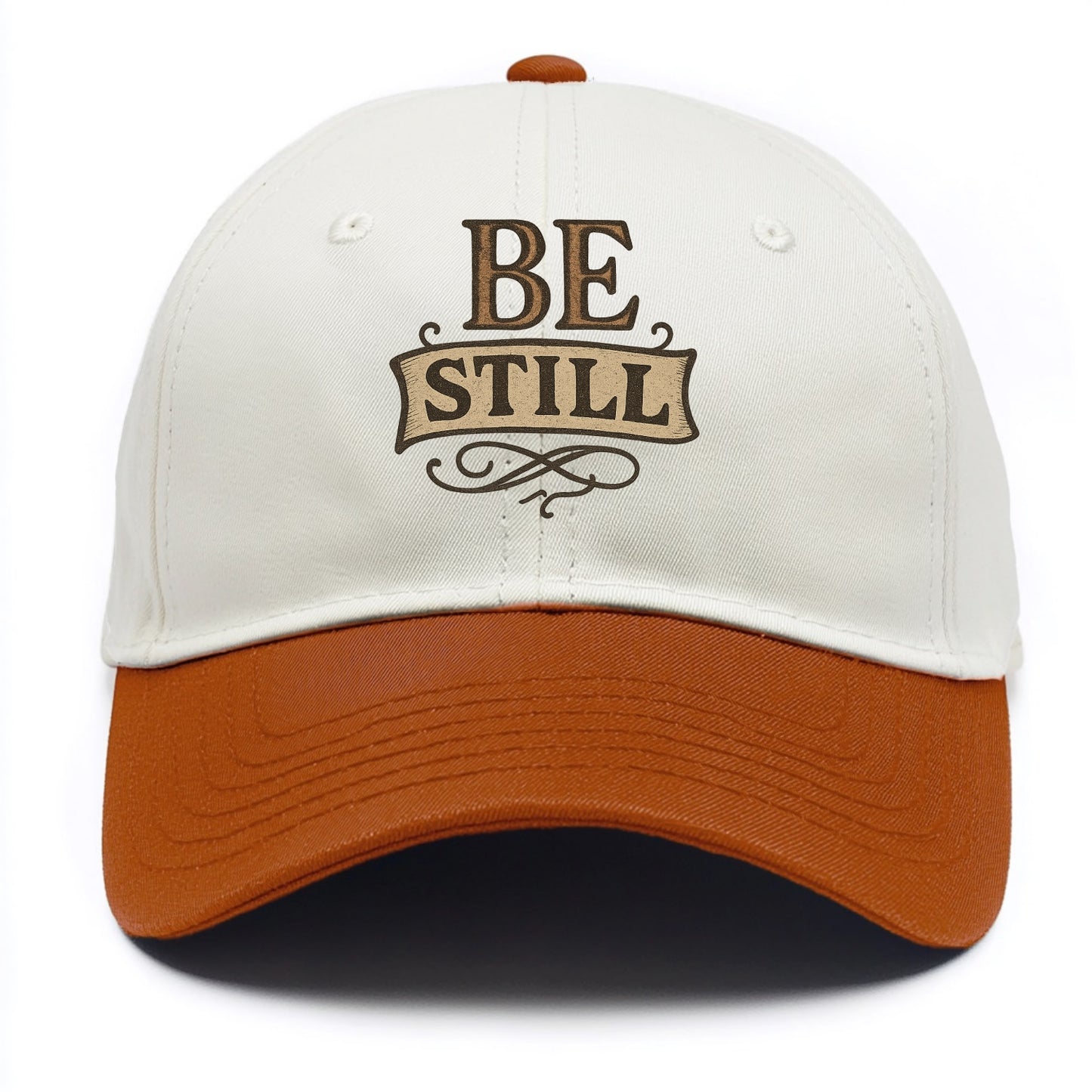 Bold typography design - "BE STILL" - quiet mind, meditation, inner peace - Two Tone Cap - Orange