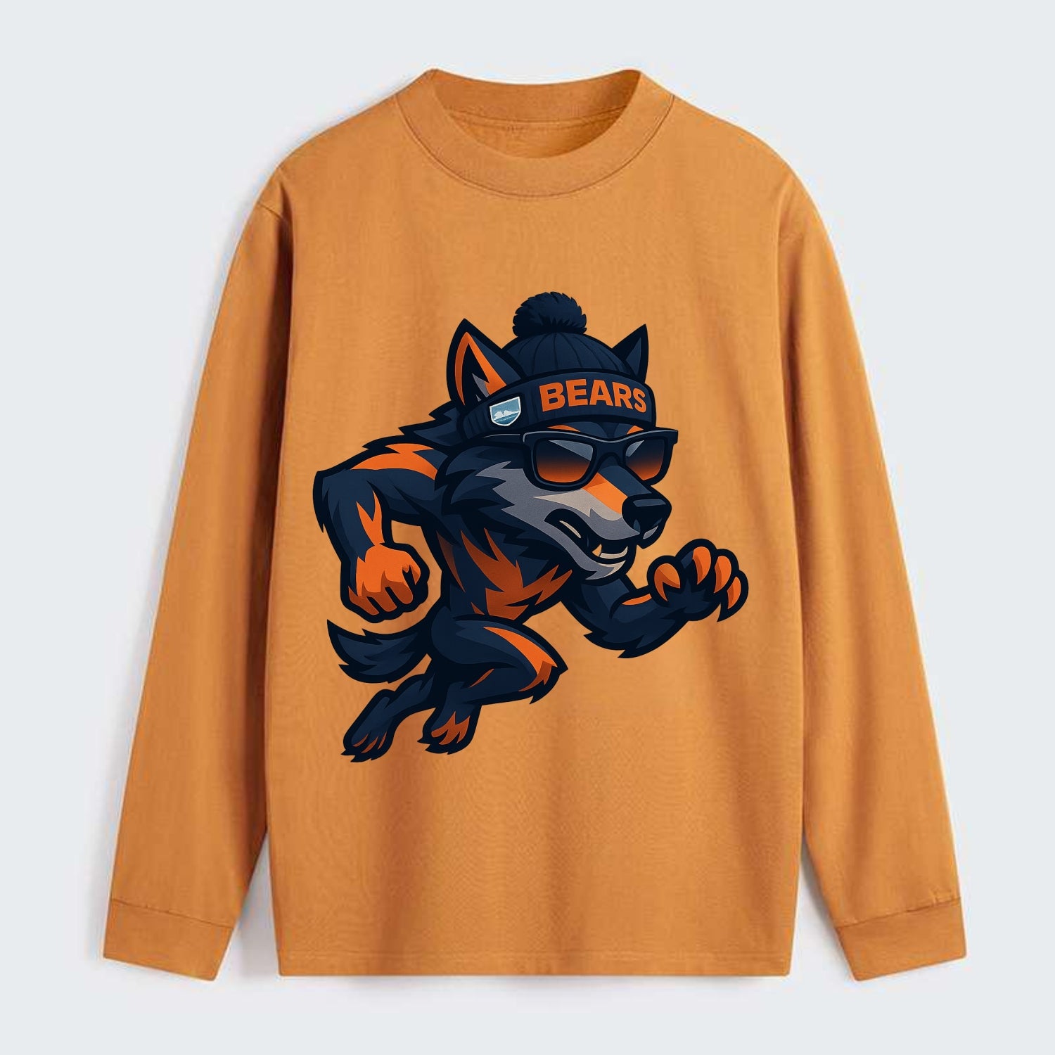 Chicago Wolf wearing Bears beanie with Lake Michigan patch and wayfarer - Classic Long Sleeve Shirt - Orange
